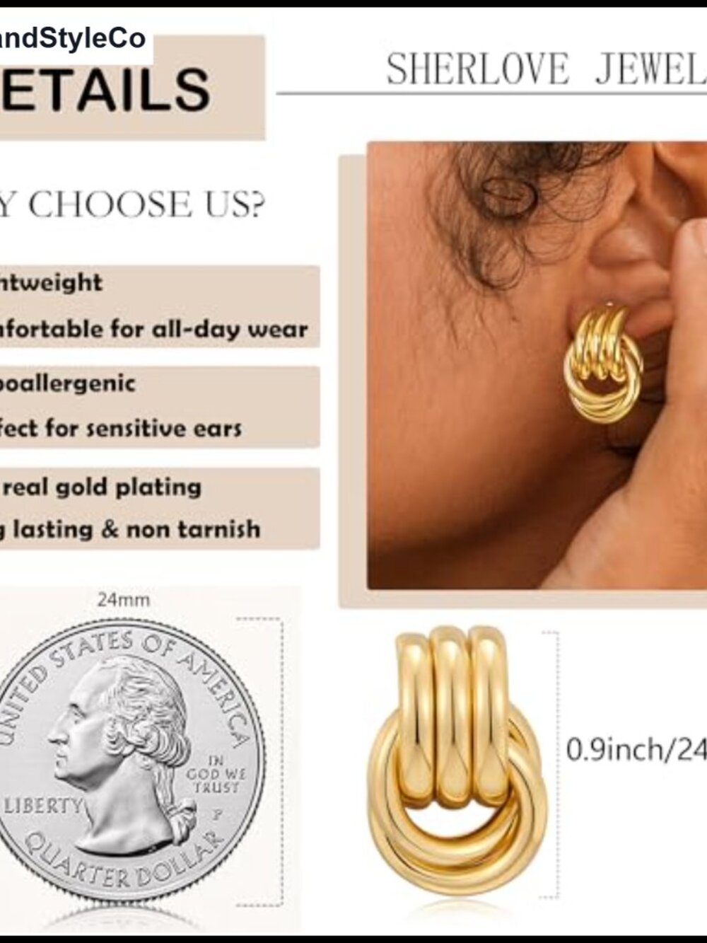 Chunky Gold Knot Drop Dangle Earrings for Women Hypoallergenic 14K Gold Plated - Picture 3 of 6